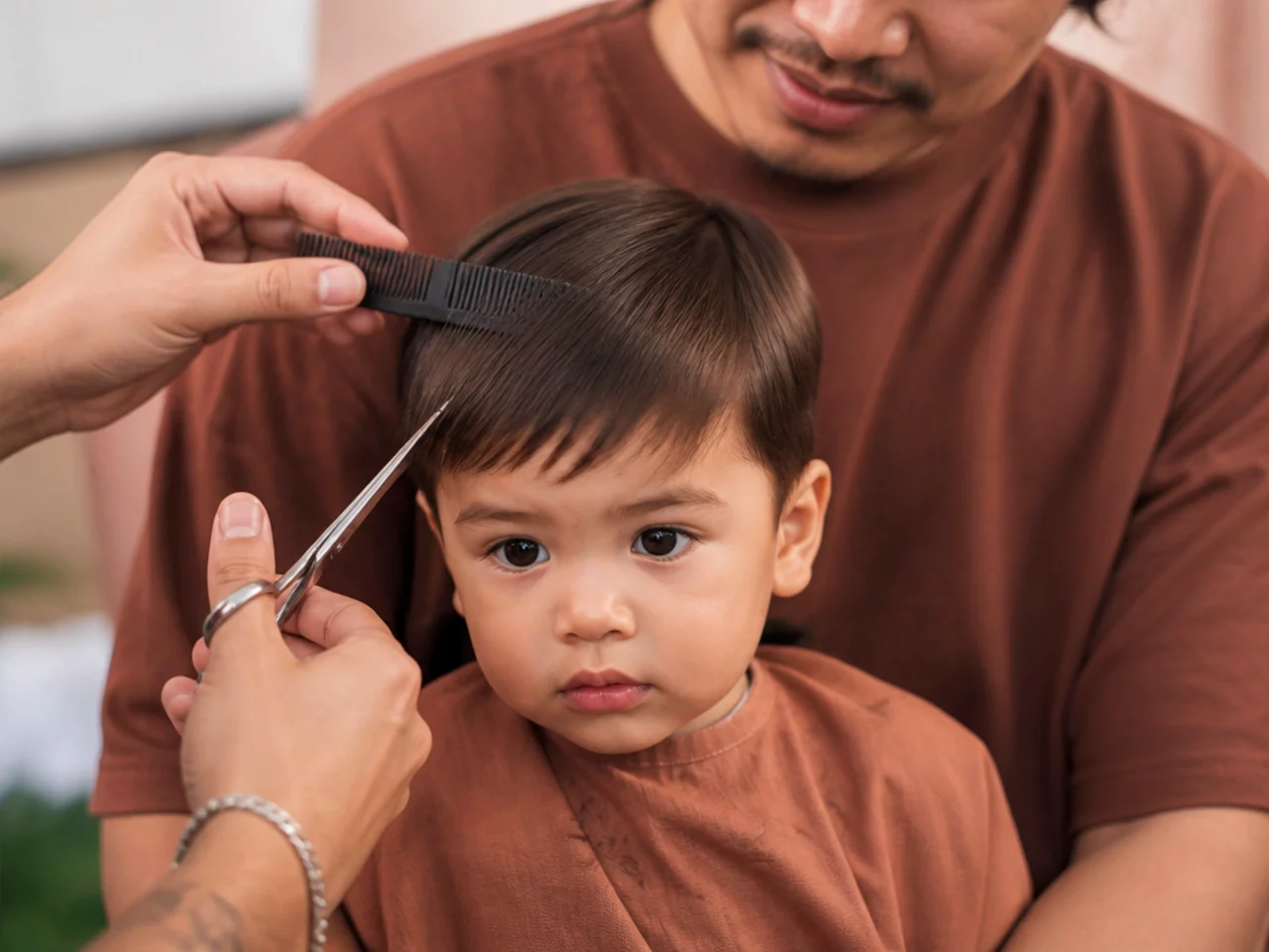 A toddler having a one length trim while sitting on a lap