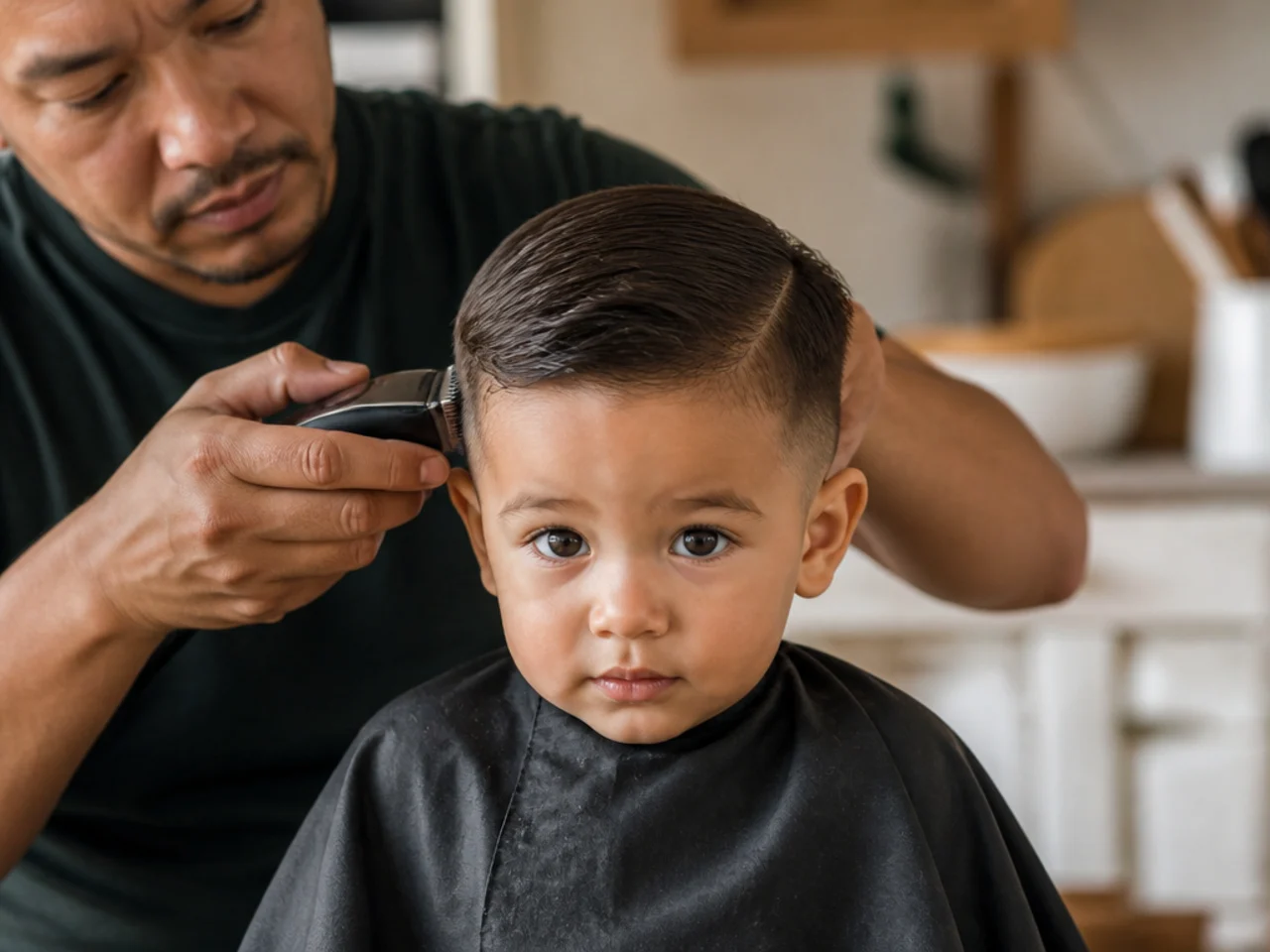 A parent cutting a toddler's hair at a kitchen table