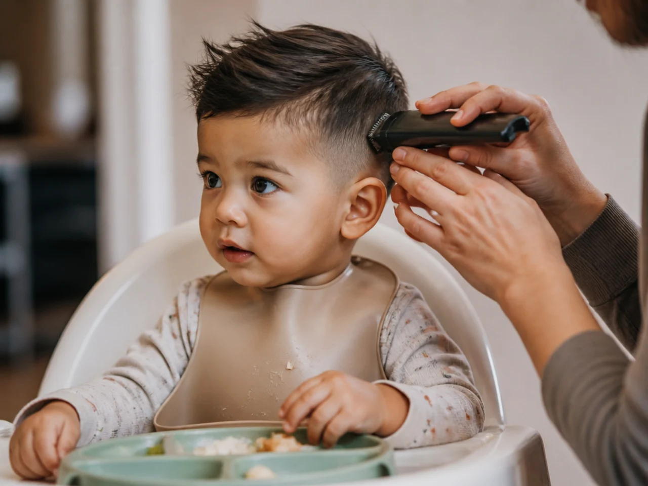A toddler having his hair trimmed in a high chair