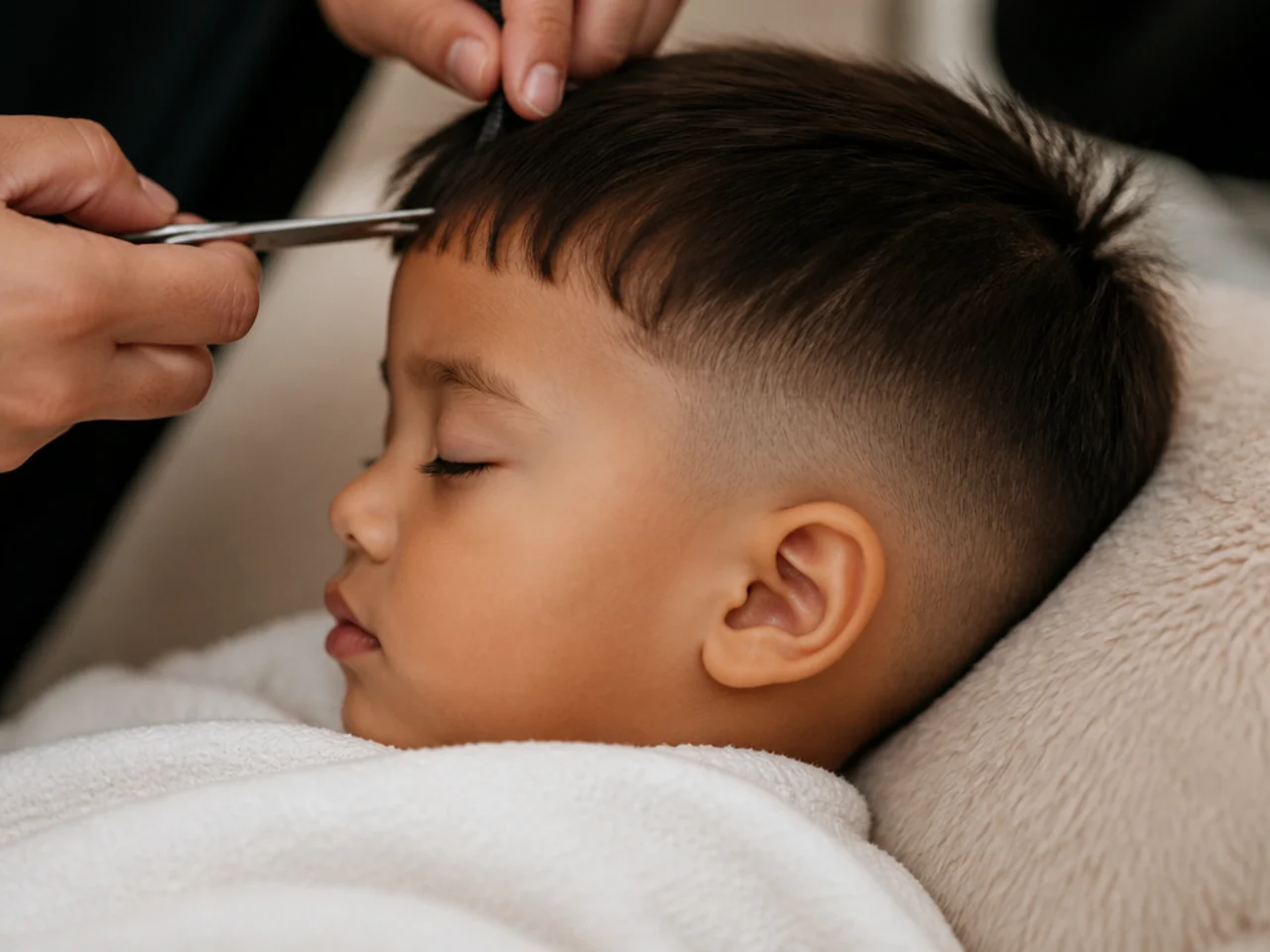 A sleeping toddler having a small fringe trim