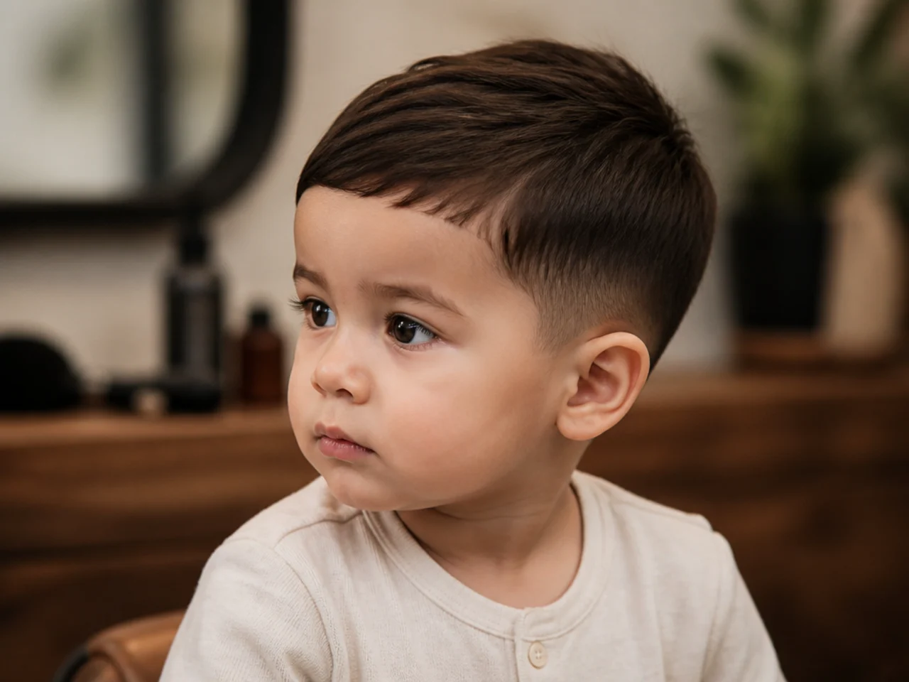 A toddler after a first haircut with a soft one length trim