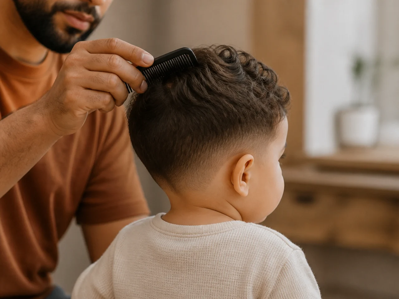 A toddler sitting calmly while a parent combs his hair