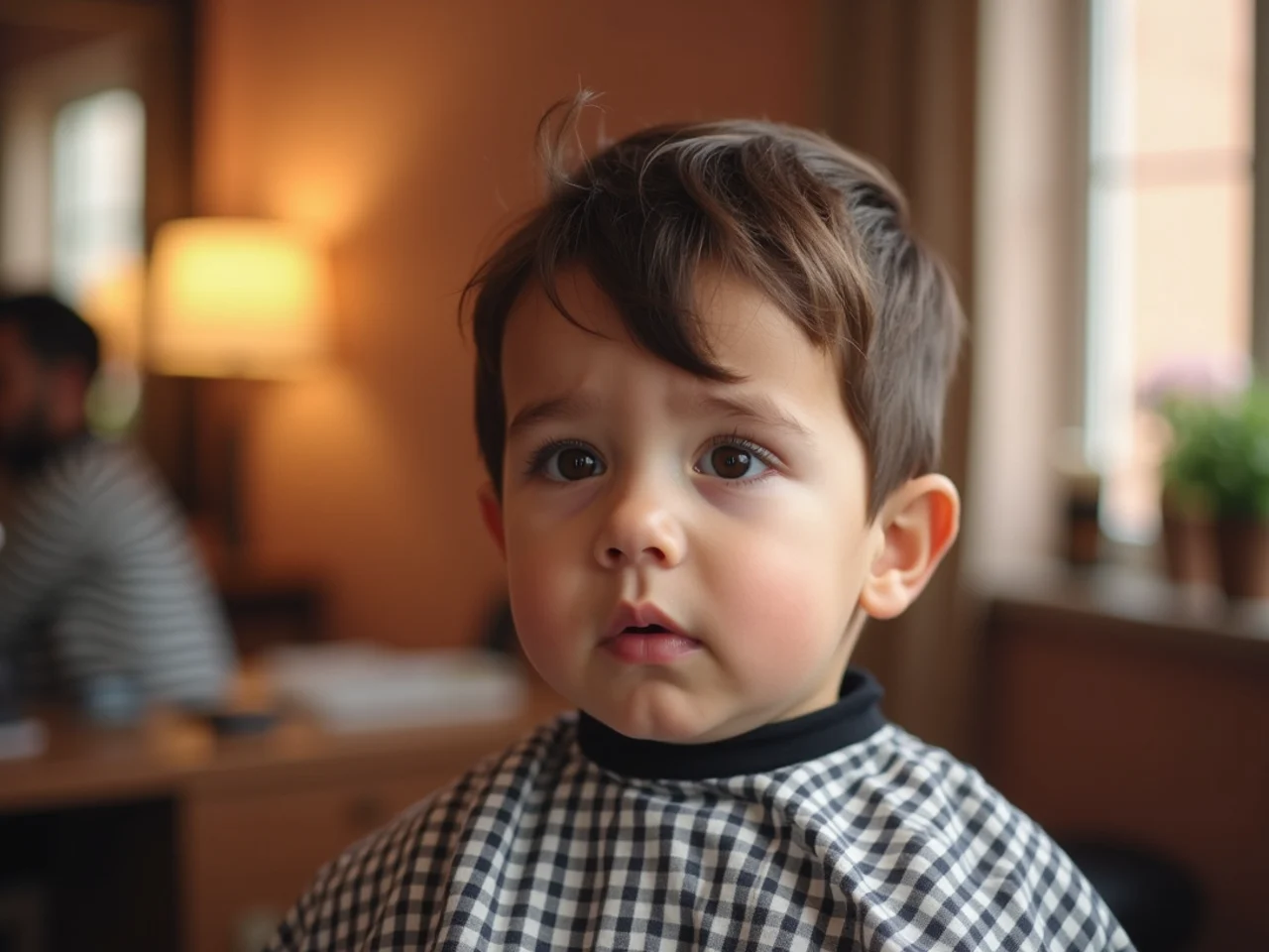 A toddler unsettled during a haircut with a cape at the neck