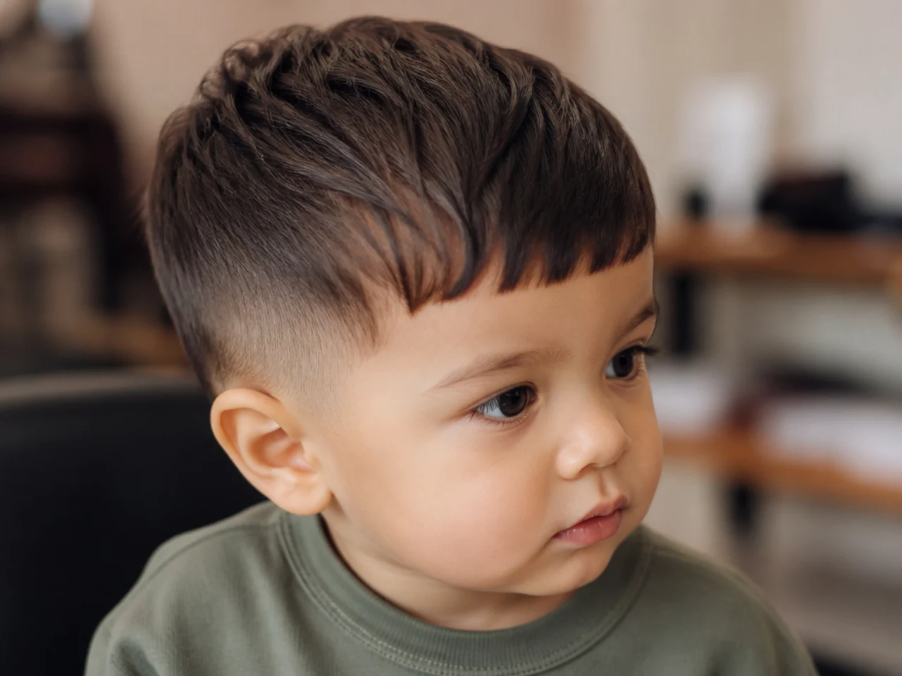A toddler with a freshly trimmed fringe combed dry