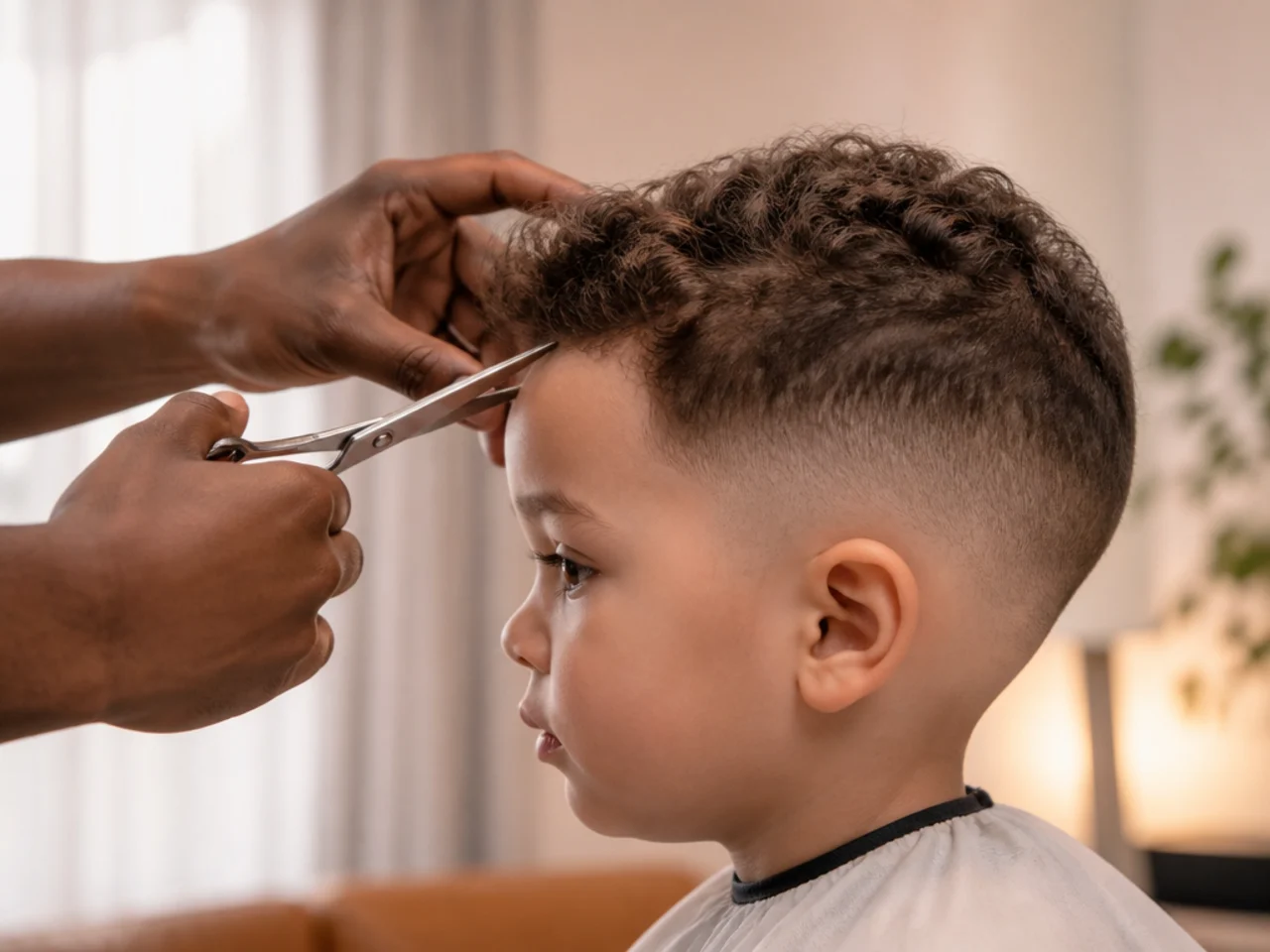 A parent trimming a toddler's fringe with scissors at home