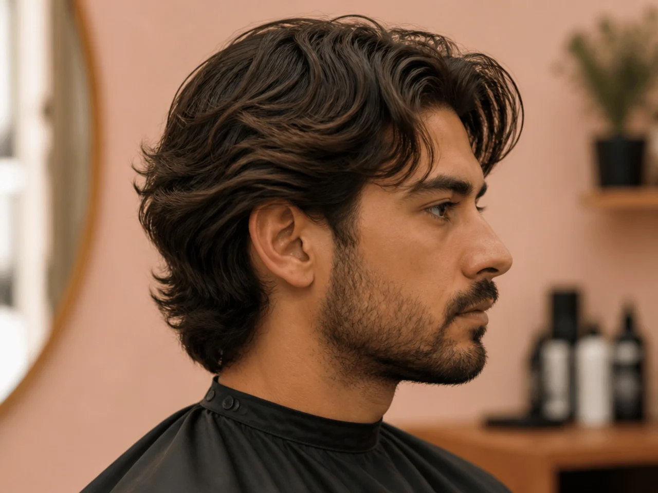 Barber scissor-cutting the top of a men's medium-length haircut to establish a flow-friendly shape