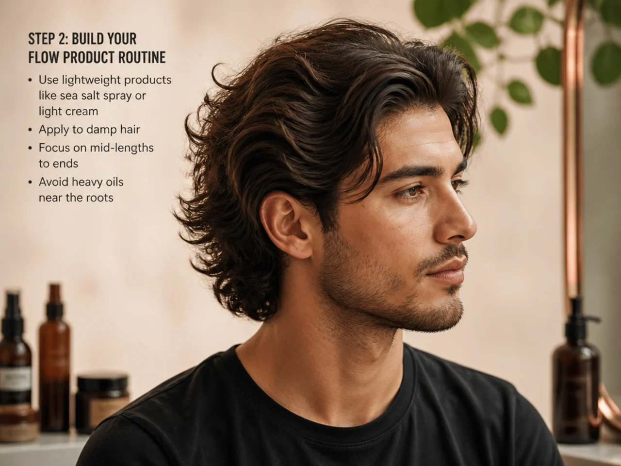 Damp mens hair being sprayed with sea salt spray, then finished with a small amount of matte cream