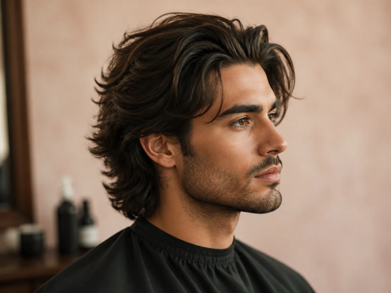 Man styling damp hair with his fingers, running his hand back from the forehead through medium-length hair