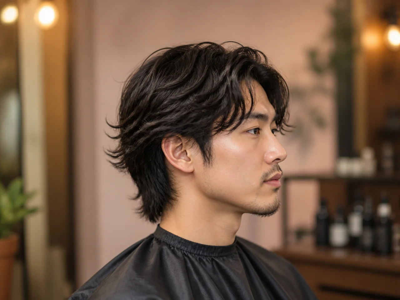 Man wearing a thin fabric headband to control mid-length hair during the awkward grow-out stage