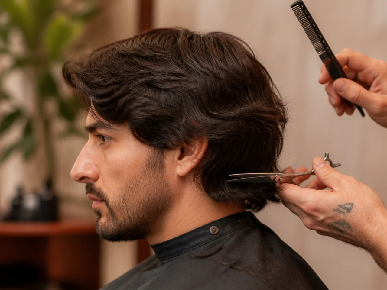 Barber giving a light dusting trim on the ends of a growing-out flow haircut, only removing quarter-inch splits