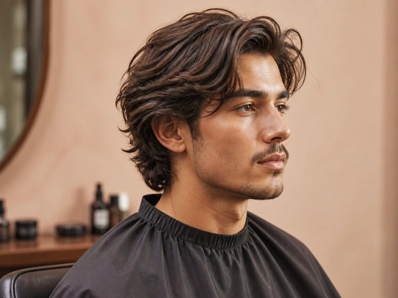 Finished flow haircut on a young man photographed in profile, hair sweeping cleanly back off the face and tucked behind the ears