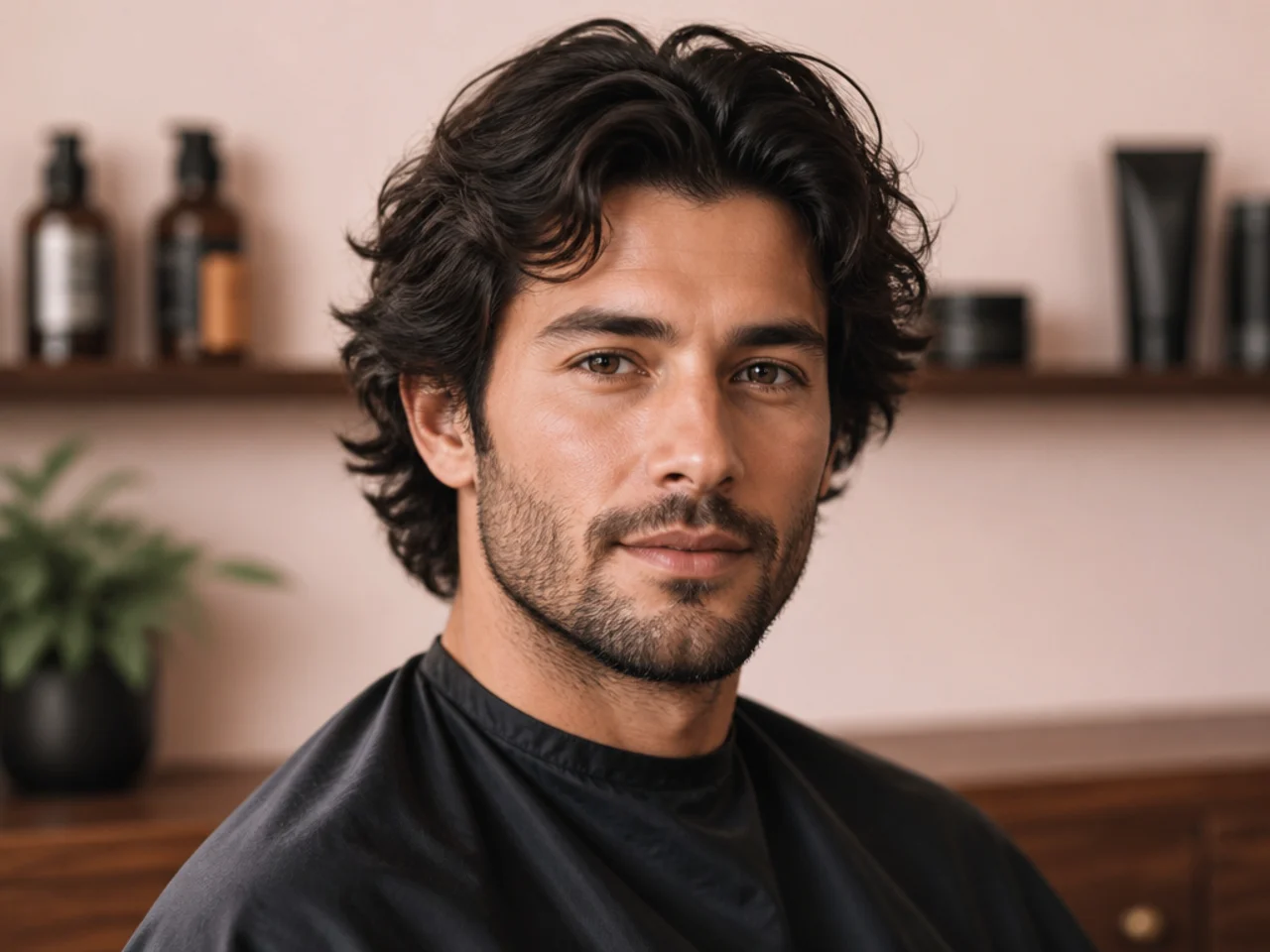 Flat-lay of sea salt spray, matte cream, wide-tooth comb, and microfiber towel for a flow haircut routine