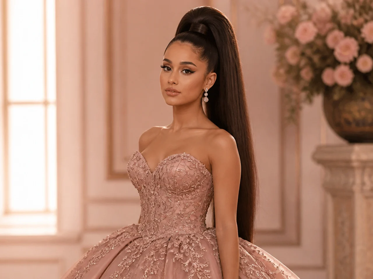 Woman in a full ball gown wearing an Ariana Grande-style fountain-height high ponytail with dramatic crown volume