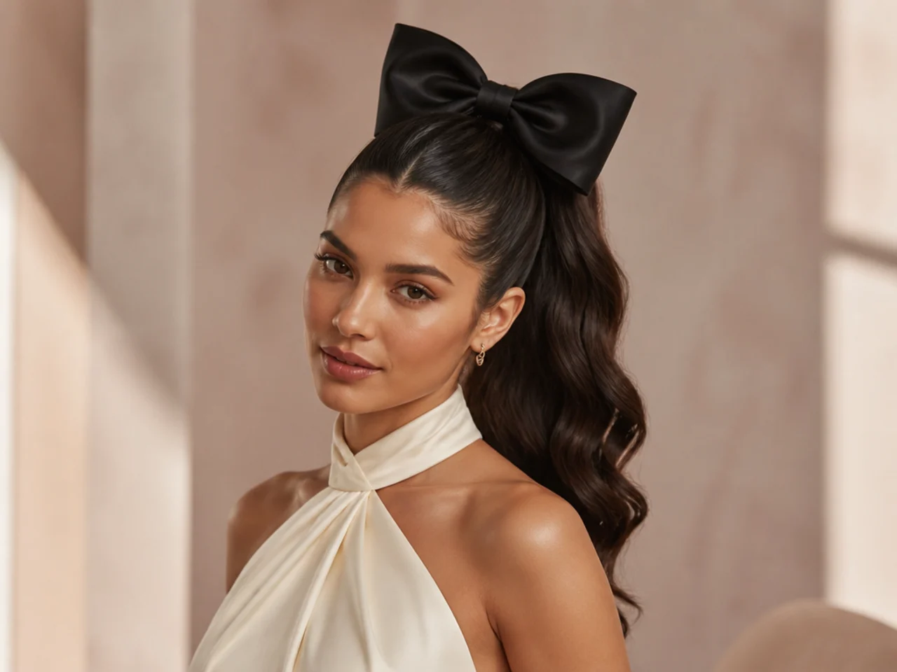 Woman in ivory formal gown wearing a sleek high ponytail with an oversized structured black satin bow at the base