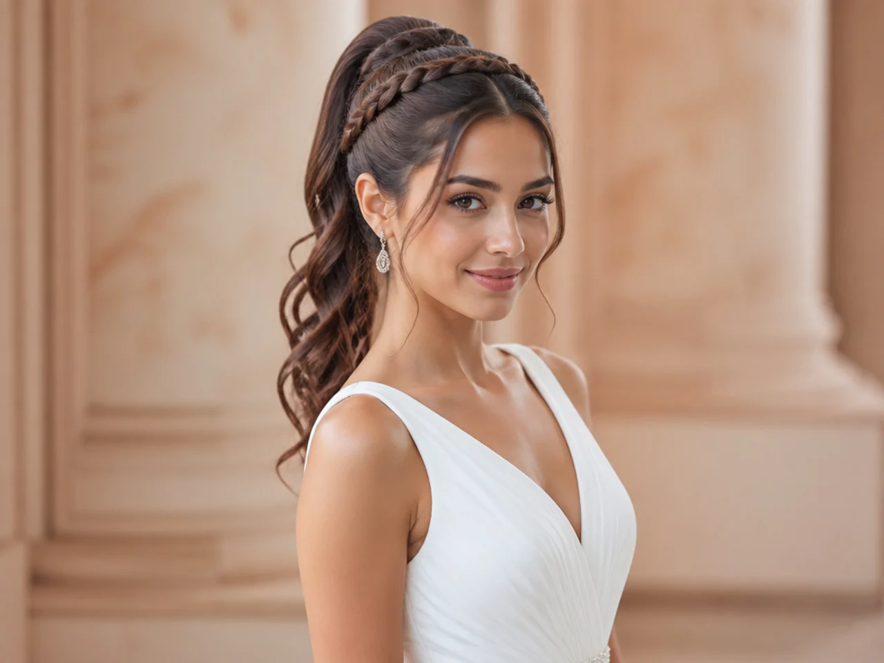 Woman in a formal white gown wearing a high ponytail with a French braided halo crown feeding into the base for a debutante ball