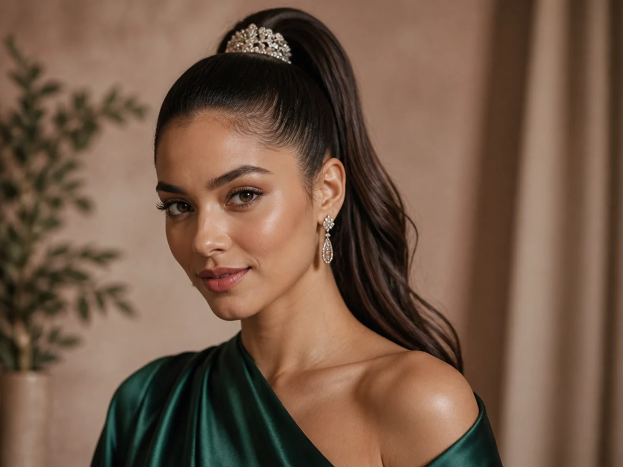 Woman in emerald satin gown wearing a sleek high ponytail with a diamond hair comb at the base for an awards ceremony