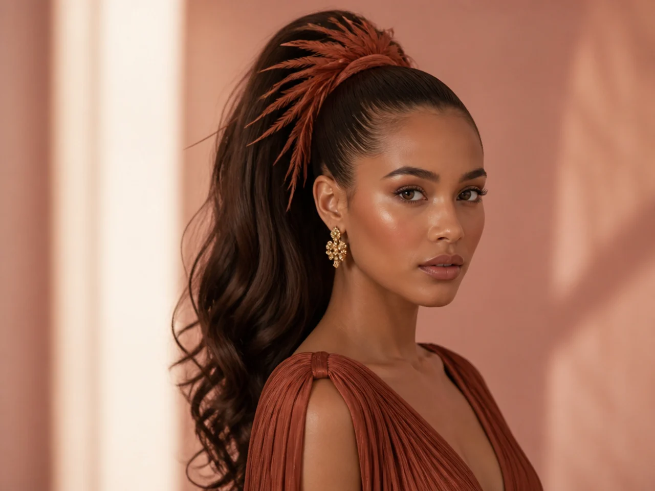 Woman in an editorial-style gown wearing a sleek high ponytail with ostrich feather trim woven into the base