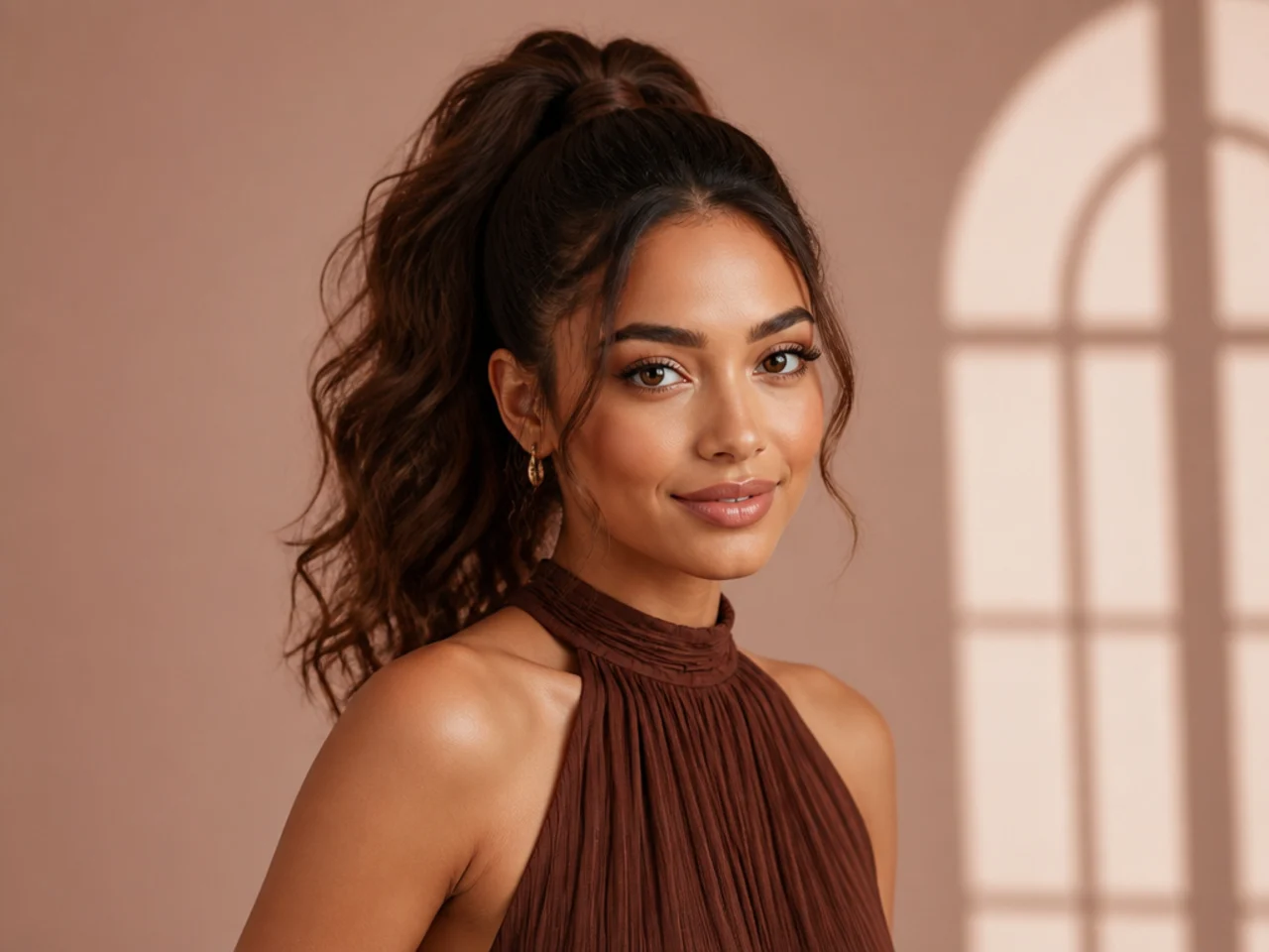 Woman and event stylist during a formal hair trial with mood board of ponytail references and jewelry laid out on the counter