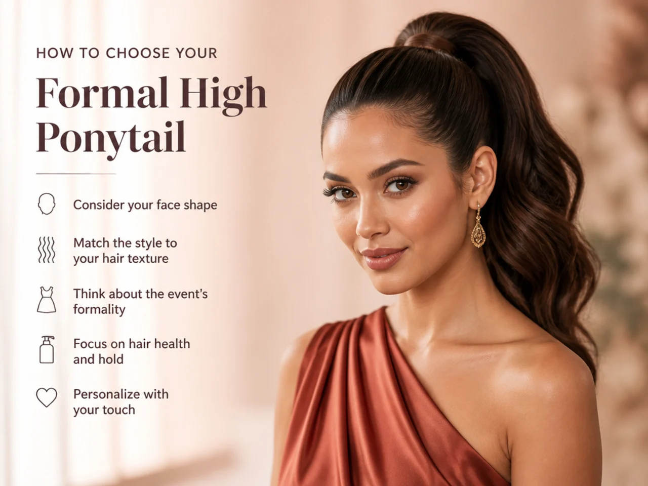 Three elegant women in evening gowns modeling different formal high ponytail hairstyles side by side — sleek pearl, Hollywood wave, and ballroom fountain