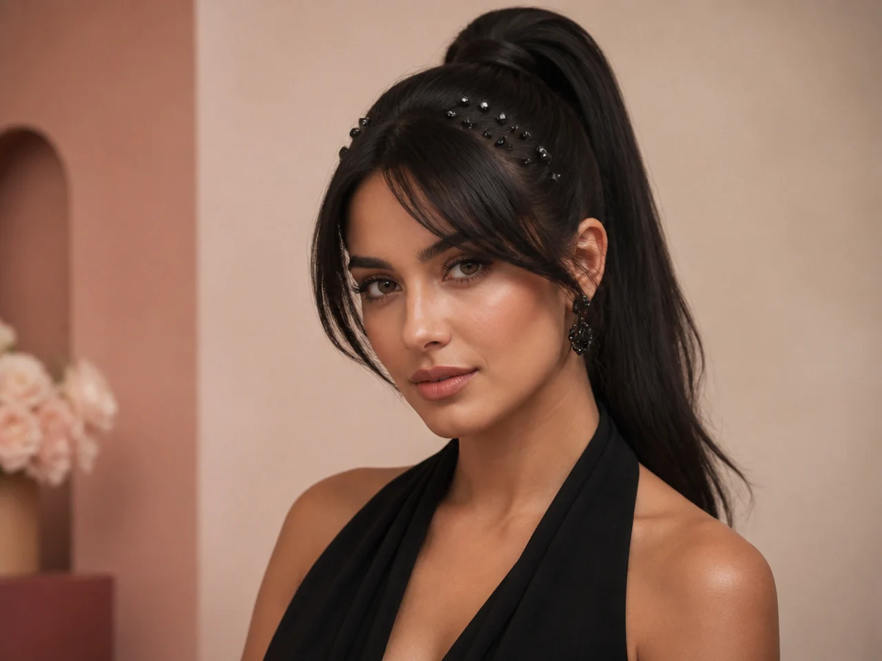 Woman in a black gown wearing a sleek high ponytail with a fringe of curtain bangs and onyx crystal pins along the hairline