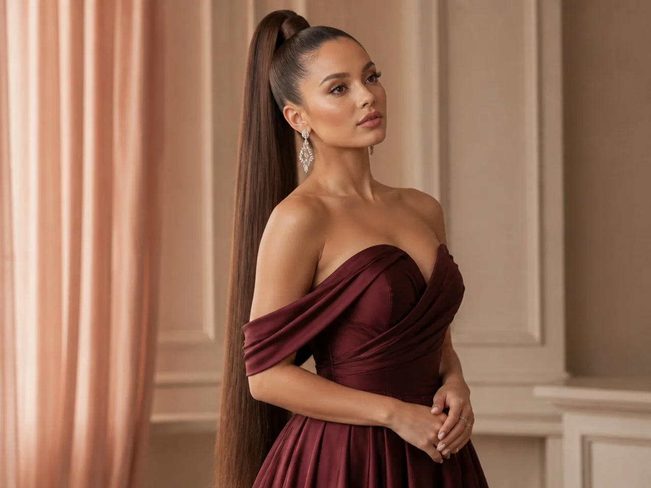 Woman in a jewel-tone opera gown wearing a high ponytail with an extension-lengthened straight cascade down her back