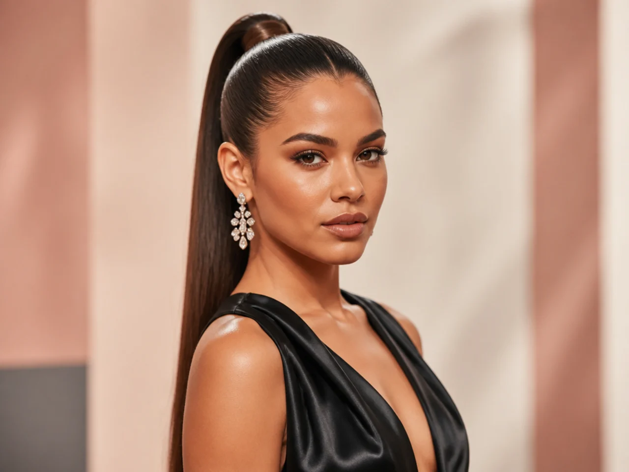 Woman in black satin gown wearing a snatched sleek high ponytail with mirror finish on the crown for red carpet event
