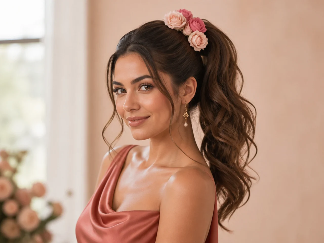 Woman in an elegant guest gown wearing a soft high ponytail with fresh spray roses tucked at the base for a formal wedding