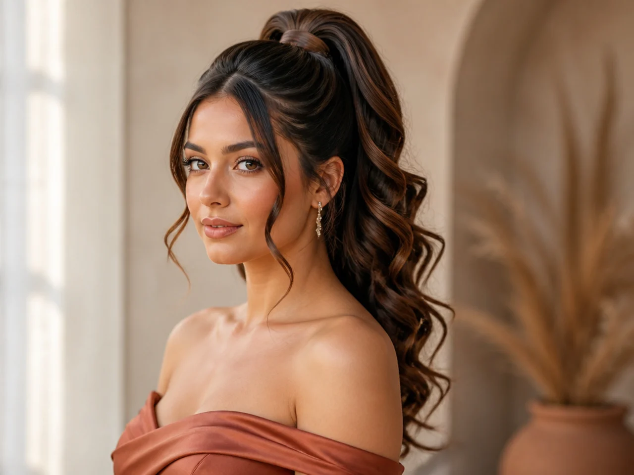 Woman in an off-shoulder gown wearing a high fountain ponytail with softly curled face-framing tendrils at the temples