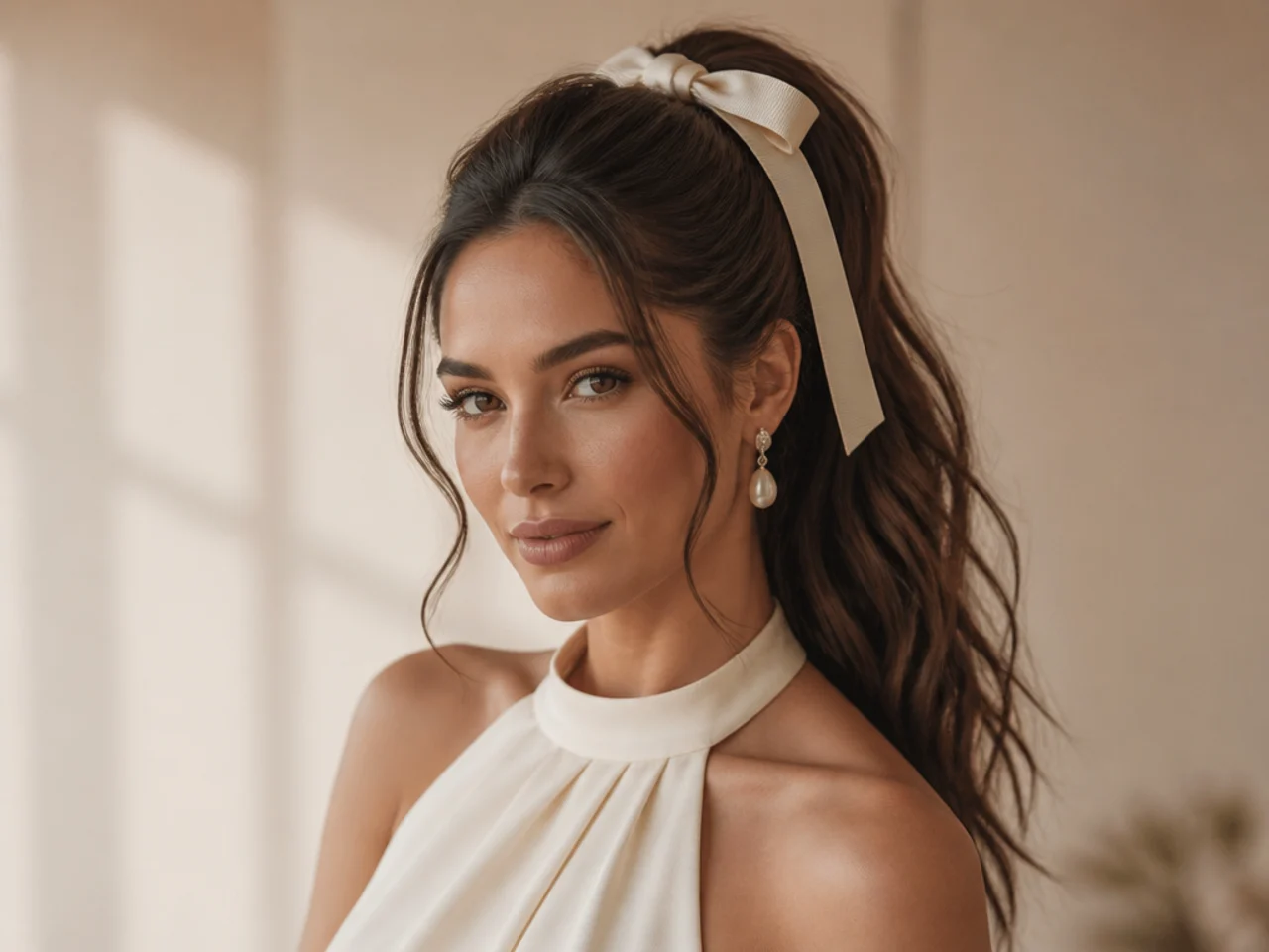 Woman in a formal cream gown wearing a high ponytail with a wide grosgrain silk ribbon knotted at the base