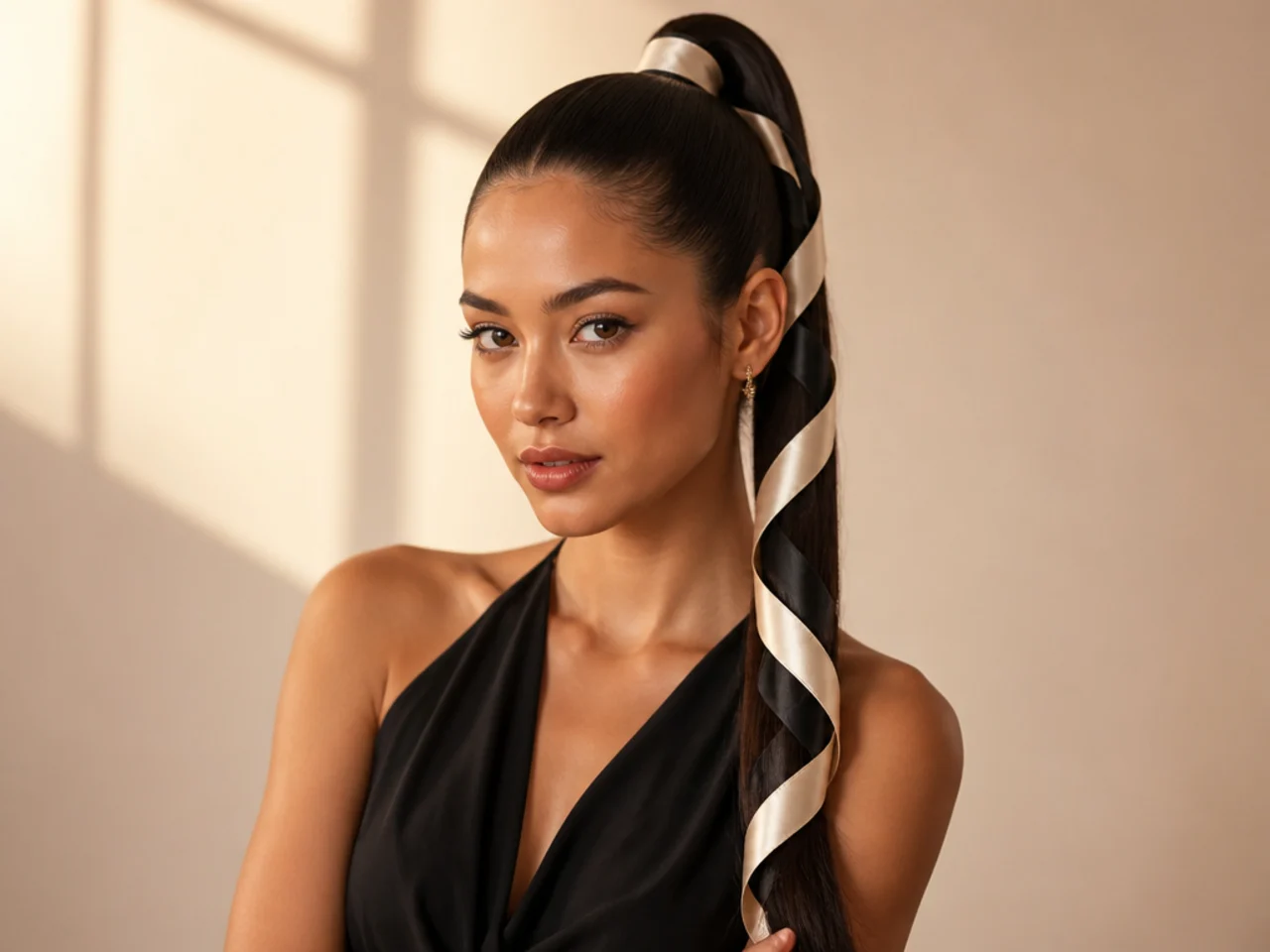 Woman in a black formal gown wearing a sleek high ponytail with a two-tone silk ribbon woven down the tail