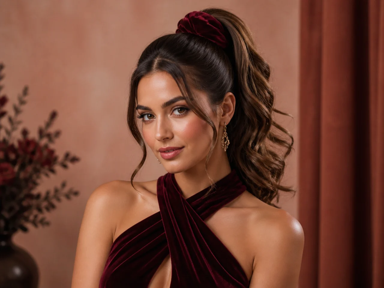 Woman in a jewel-tone winter formal gown wearing a high ponytail with a burgundy velvet ribbon wrap at the base