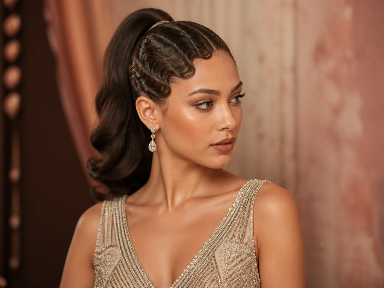 Woman in a beaded 1930s inspired gown wearing a high ponytail with fingerwaves along the crown for a vintage formal event