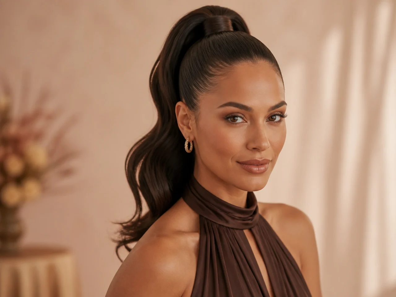 Elegant woman in black-tie gown wearing a sleek high ponytail with pearl-accented wrapped base
