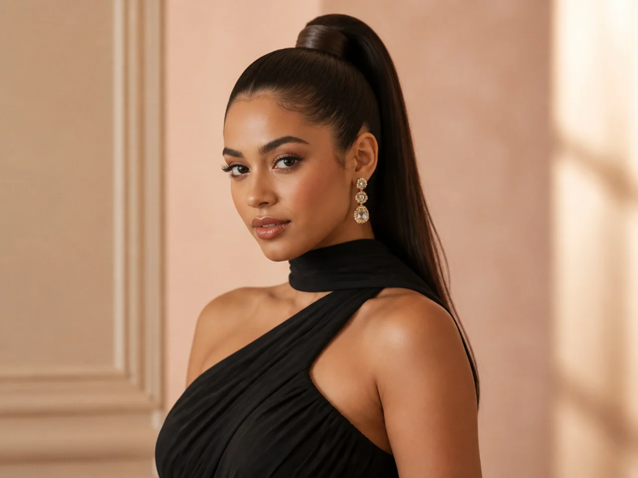 Woman in a floor-length black gown wearing a sleek high ponytail with a thick wrapped hair column at the base for black-tie event
