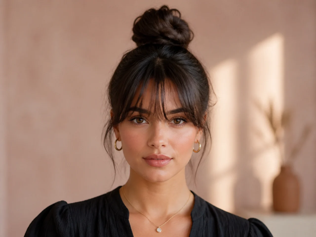 A fringe worn with a high bun