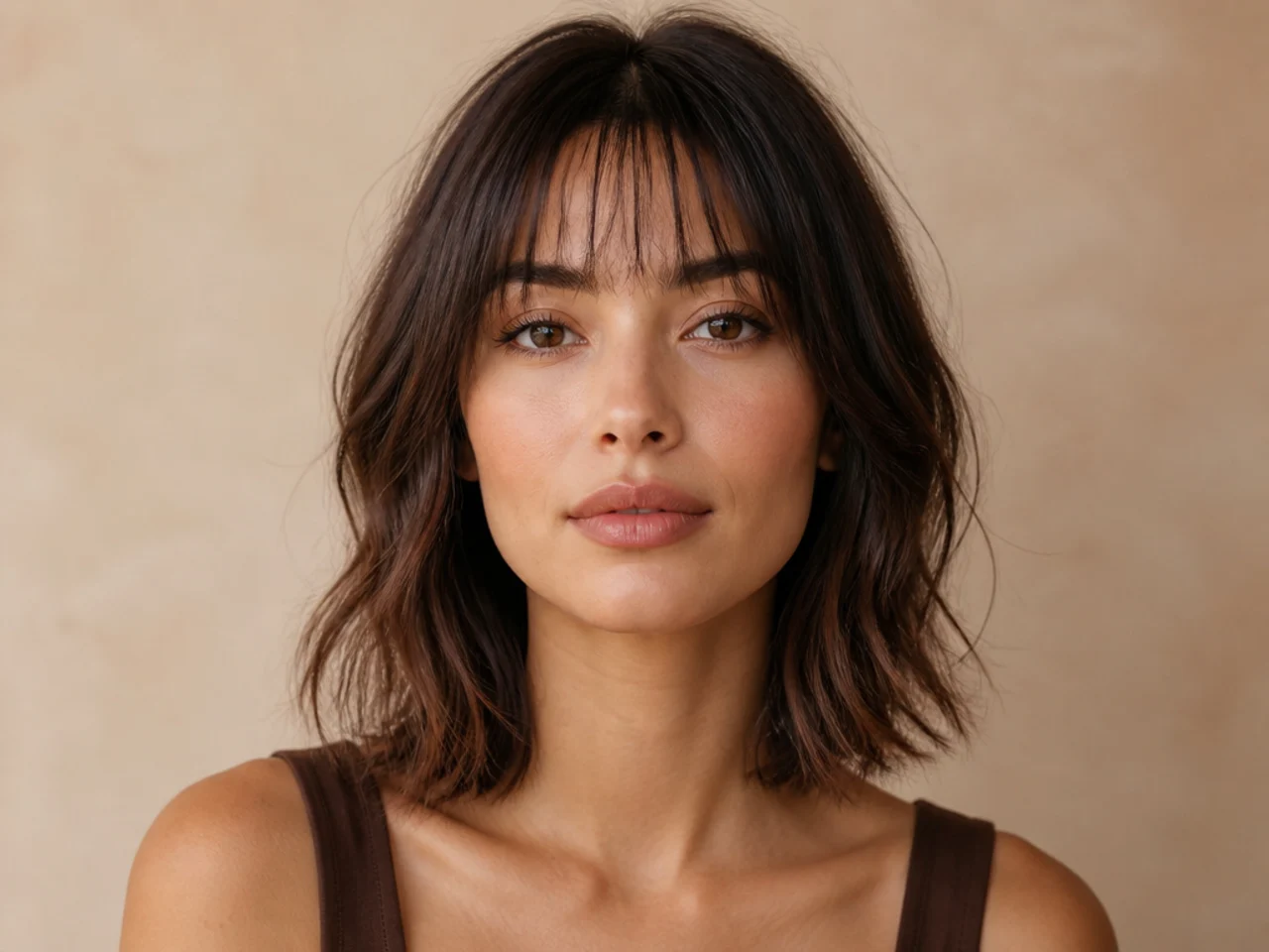 A wispy fringe showing forehead through the ends