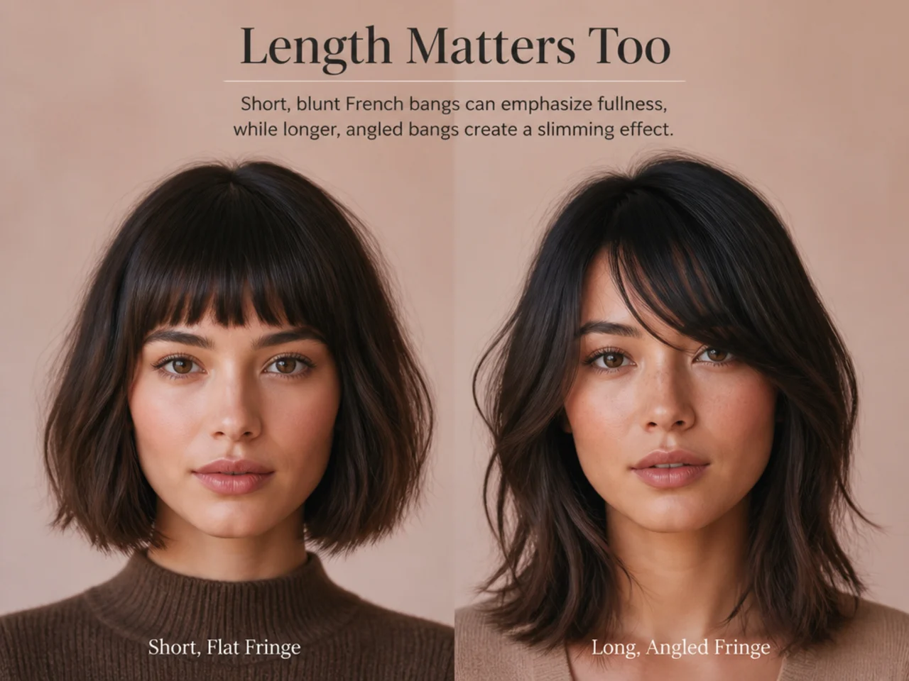 A short flat fringe compared with a long angled one