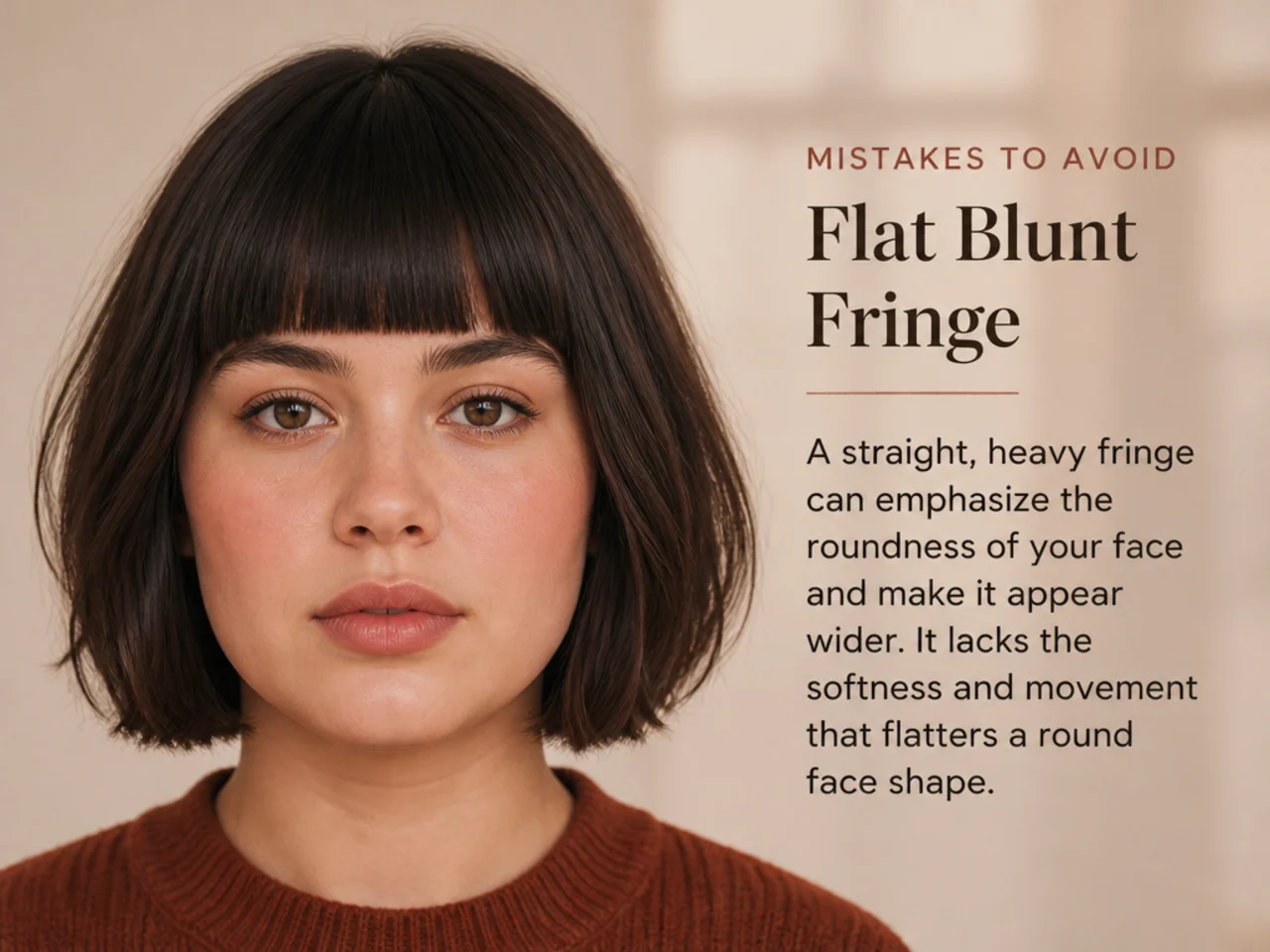 A flat blunt fringe on a round face