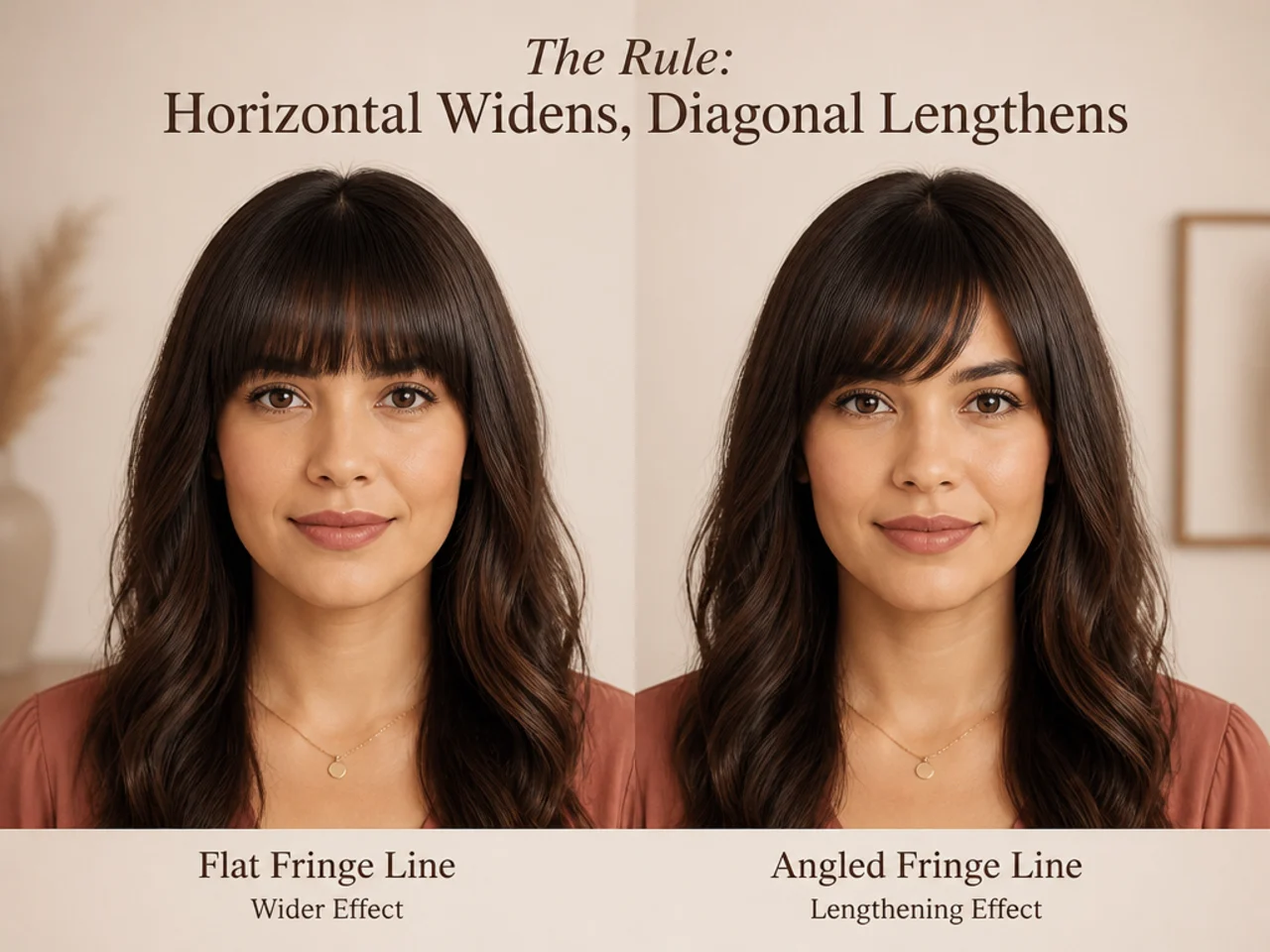 A flat fringe line compared with an angled one on the same face