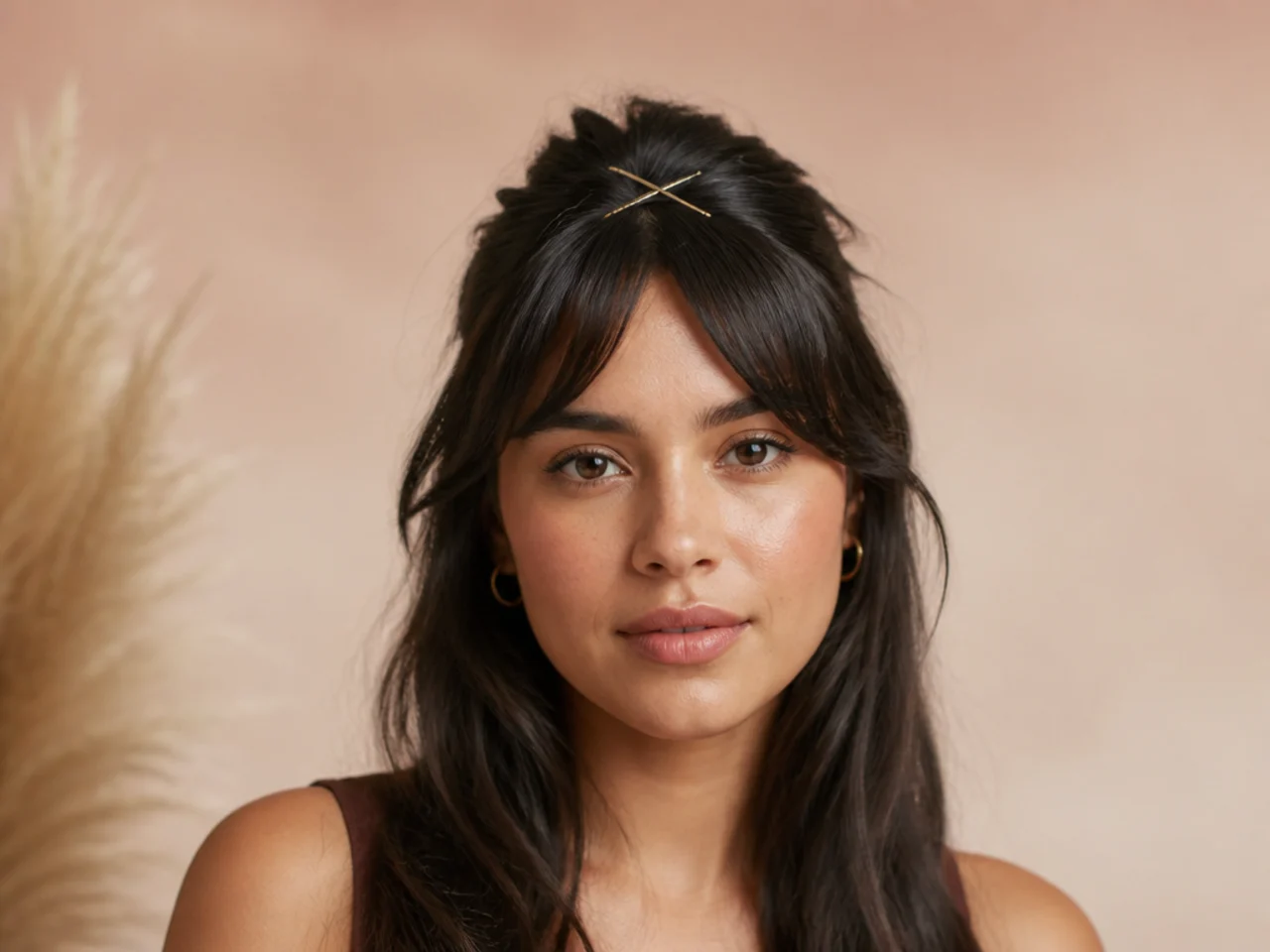A fringe pinned back with two crossed pins