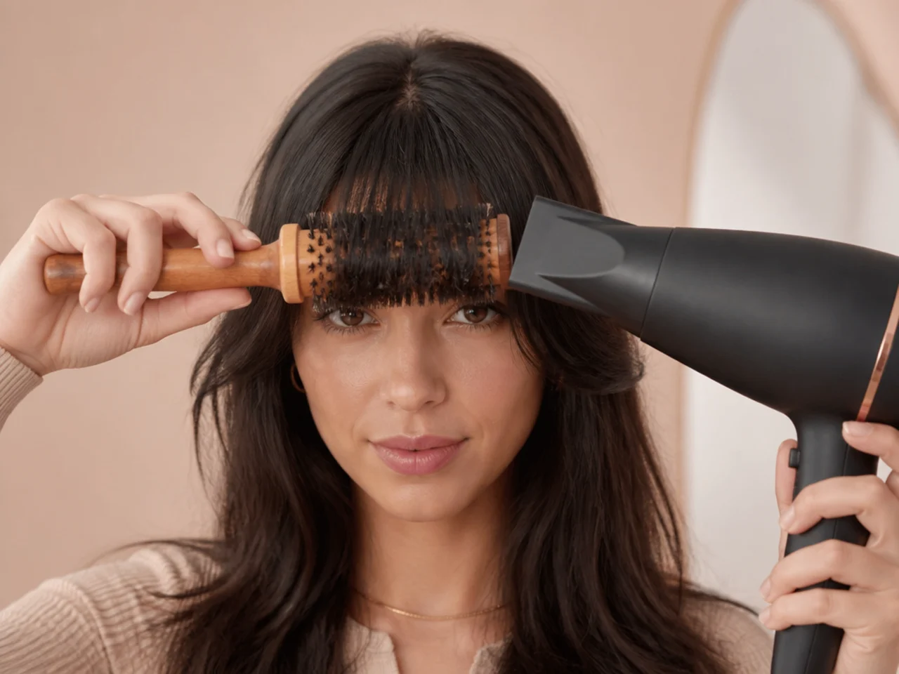 A round brush rolling under the ends of a fringe