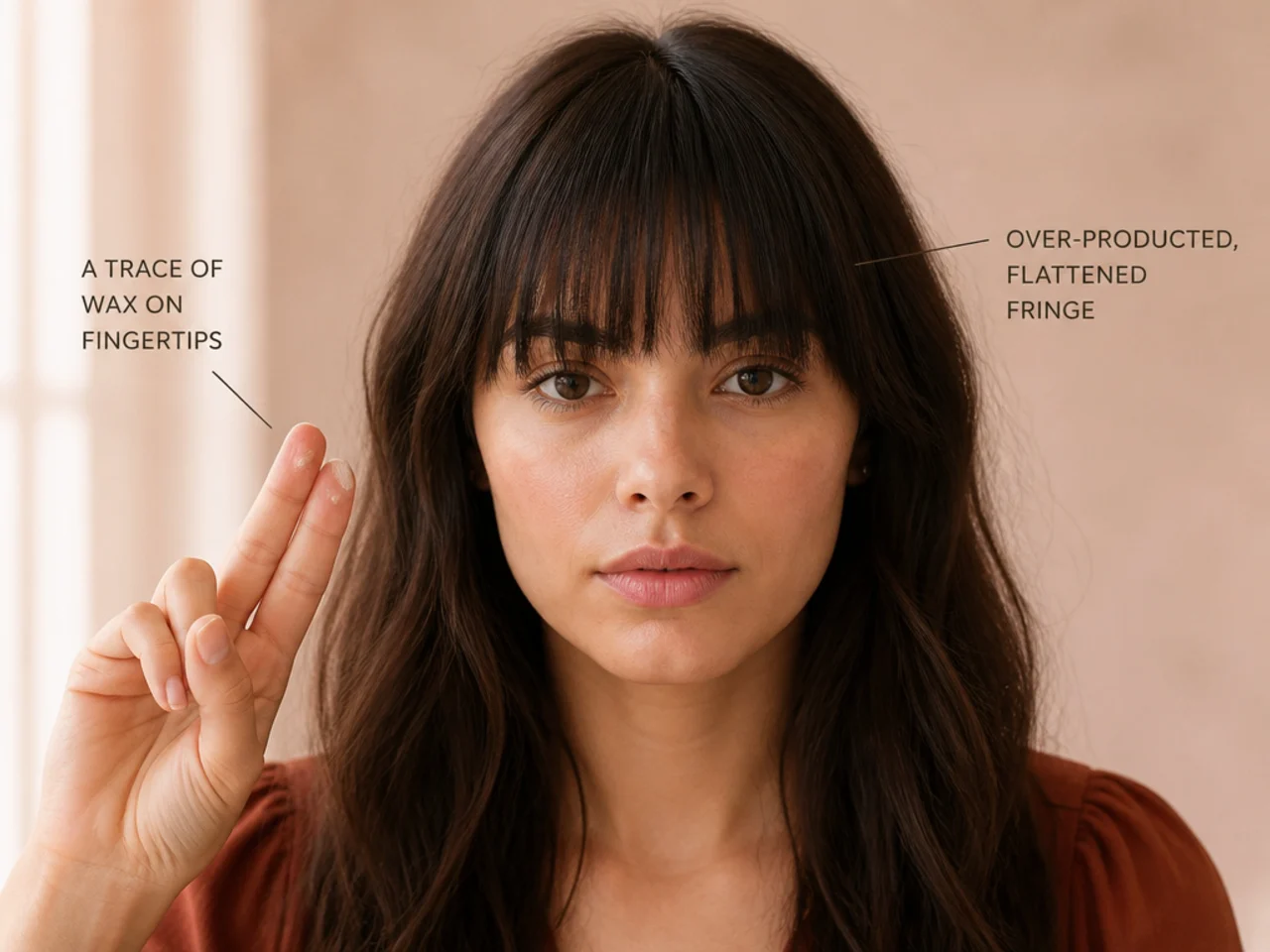 A trace of wax on fingertips beside a flattened over-producted fringe