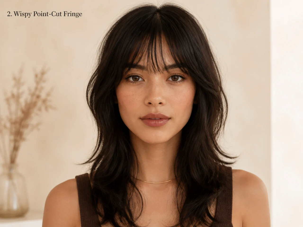 A wispy point-cut fringe