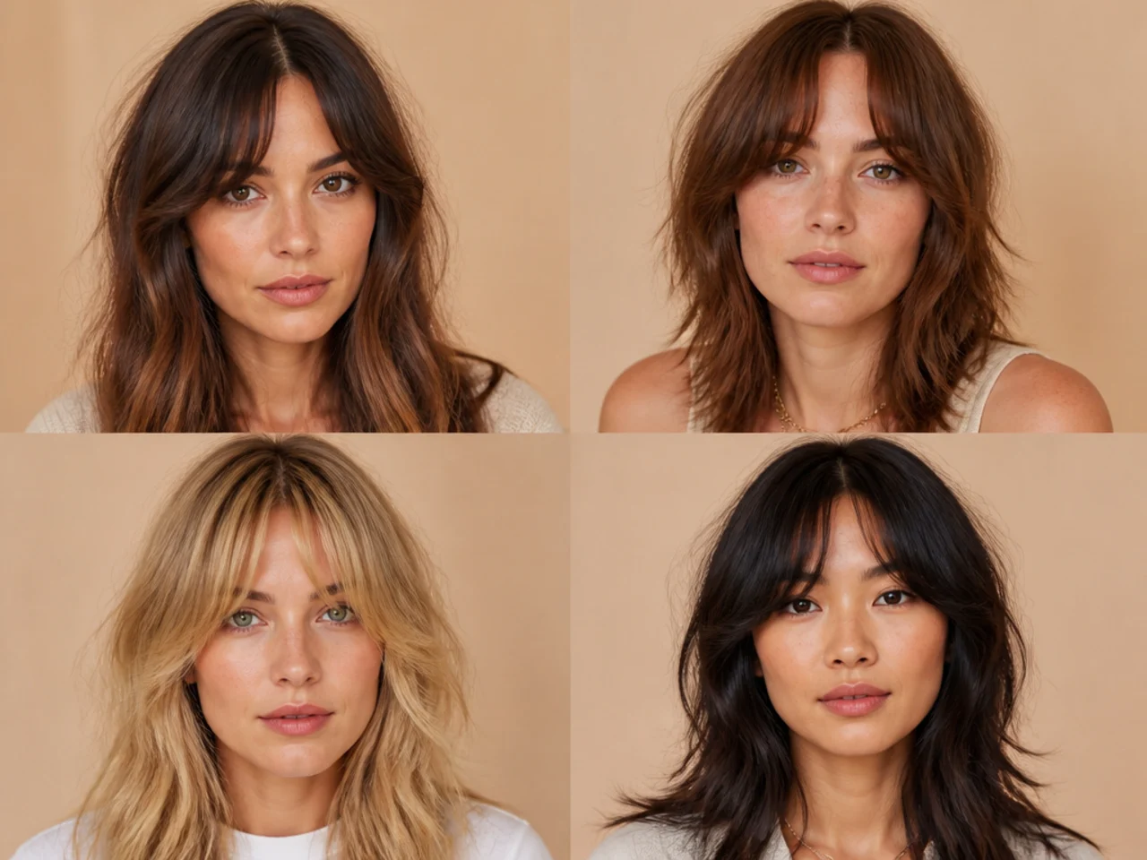 Curtain-cornered French bangs at brow length