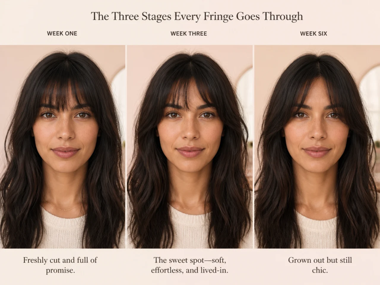 The same fringe at week one, week three and week six