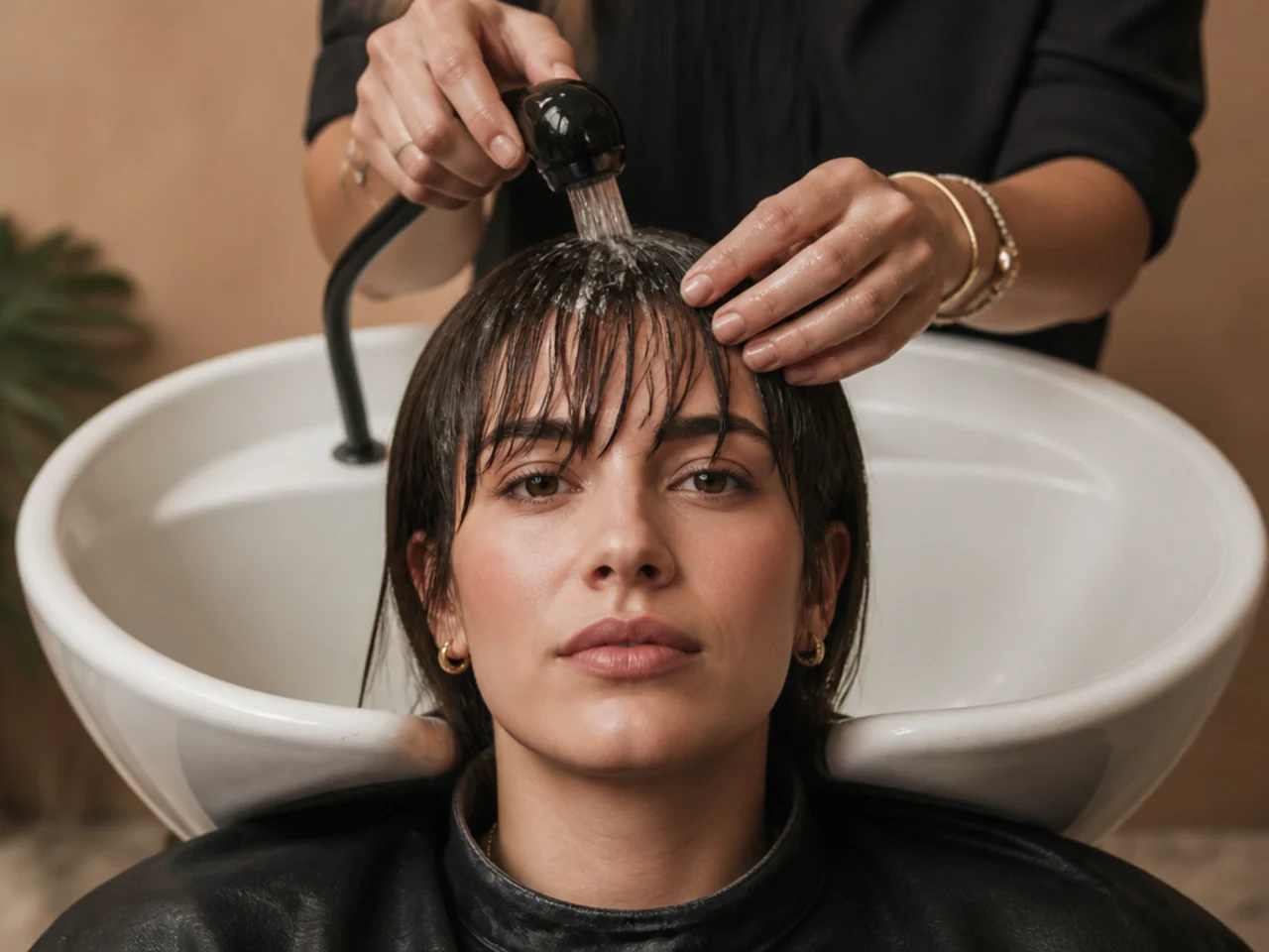 A fringe being washed separately over a sink