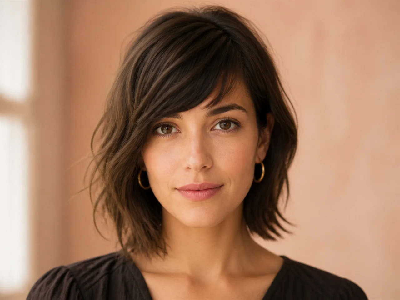 Asymmetric French bangs longer on one side