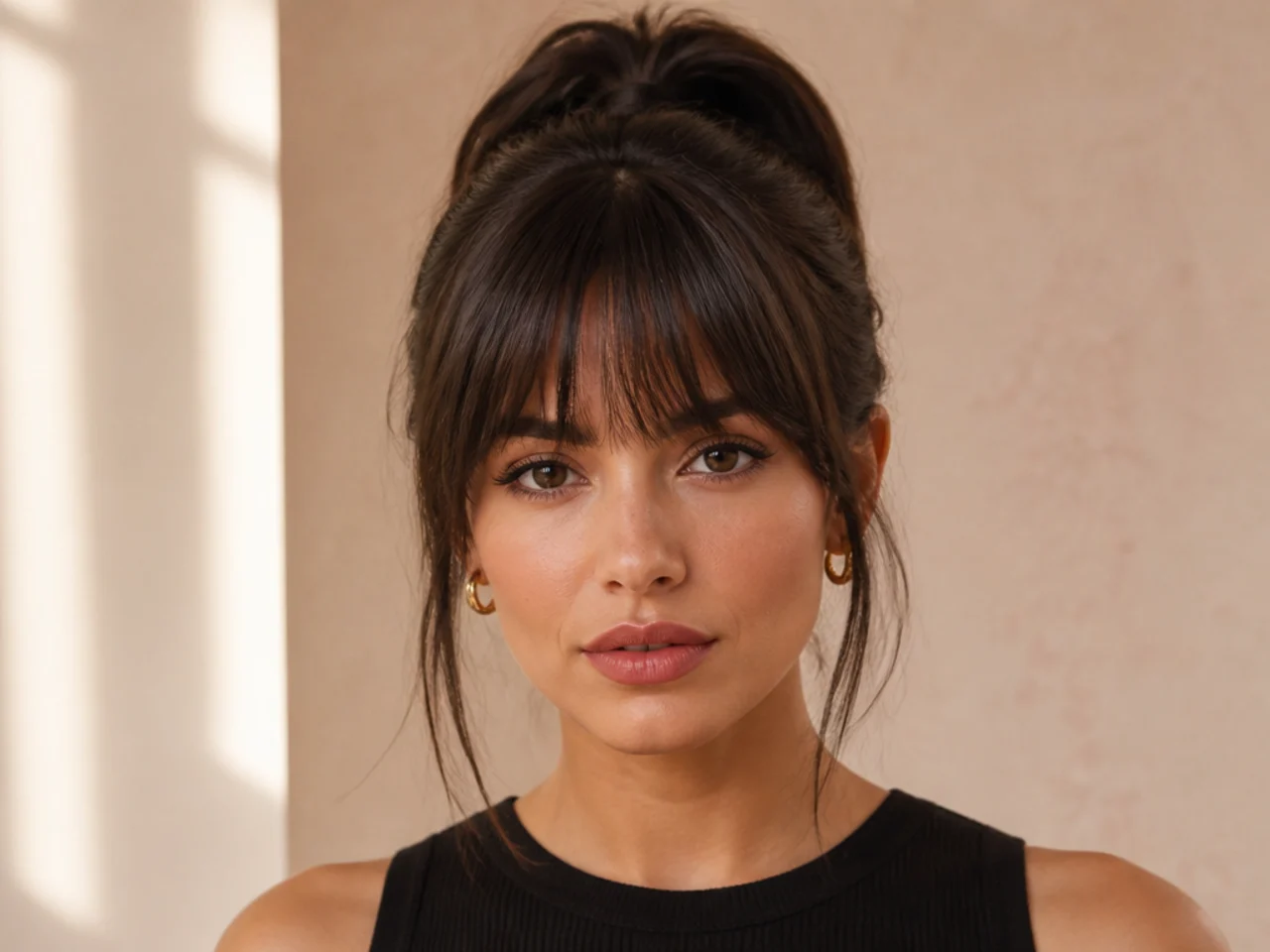 French bangs worn with a high ponytail