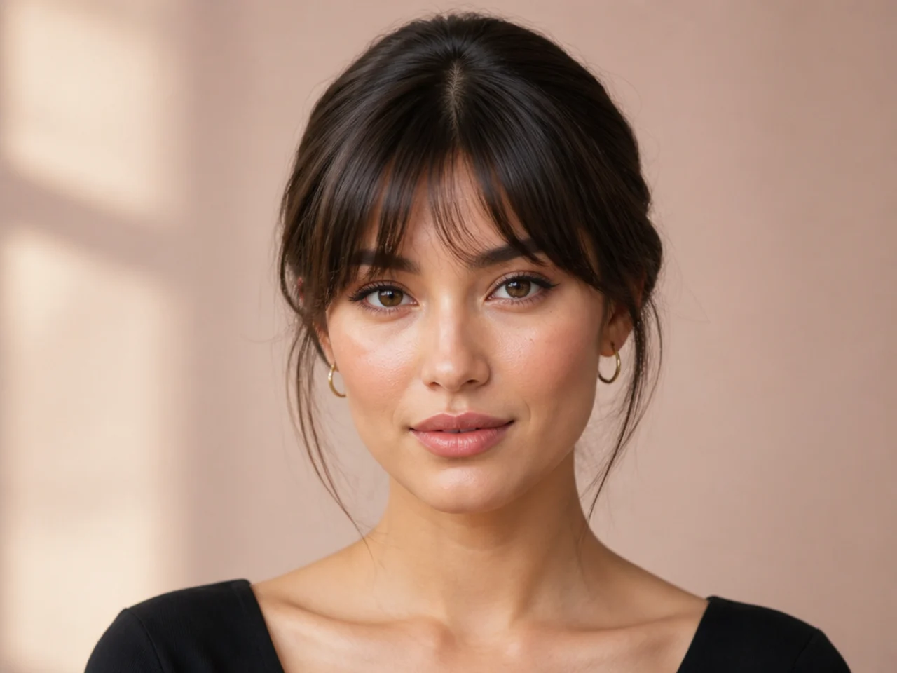 French bangs worn with a sleek low bun