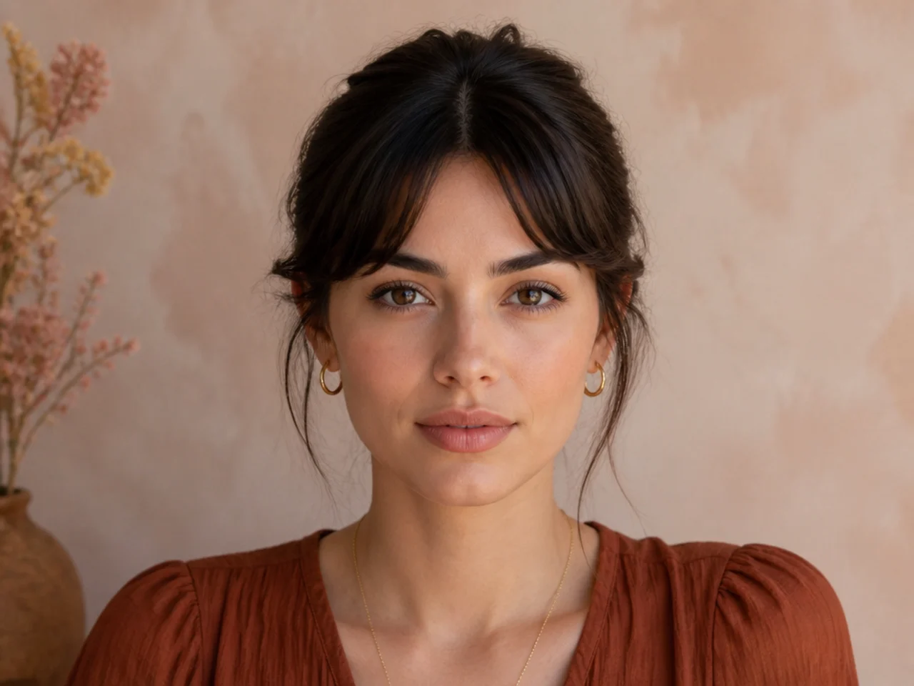 French bangs pinned back off the face